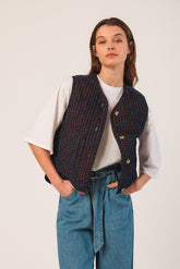 GILET MATELASSÉ EN MICRO VELOURS CÔTELÉ VICHY