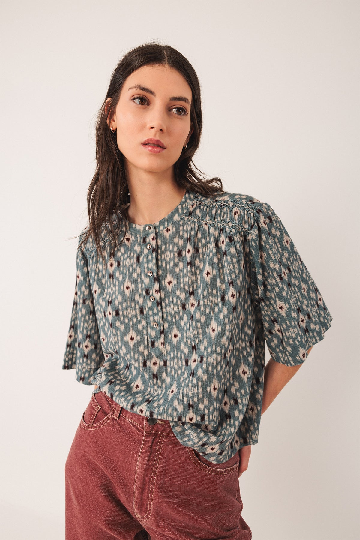 SMOCK-DETAIL BLOUSE