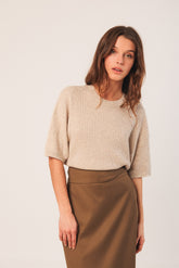 SHORT-SLEEVE CABLE-KNIT SWEATER