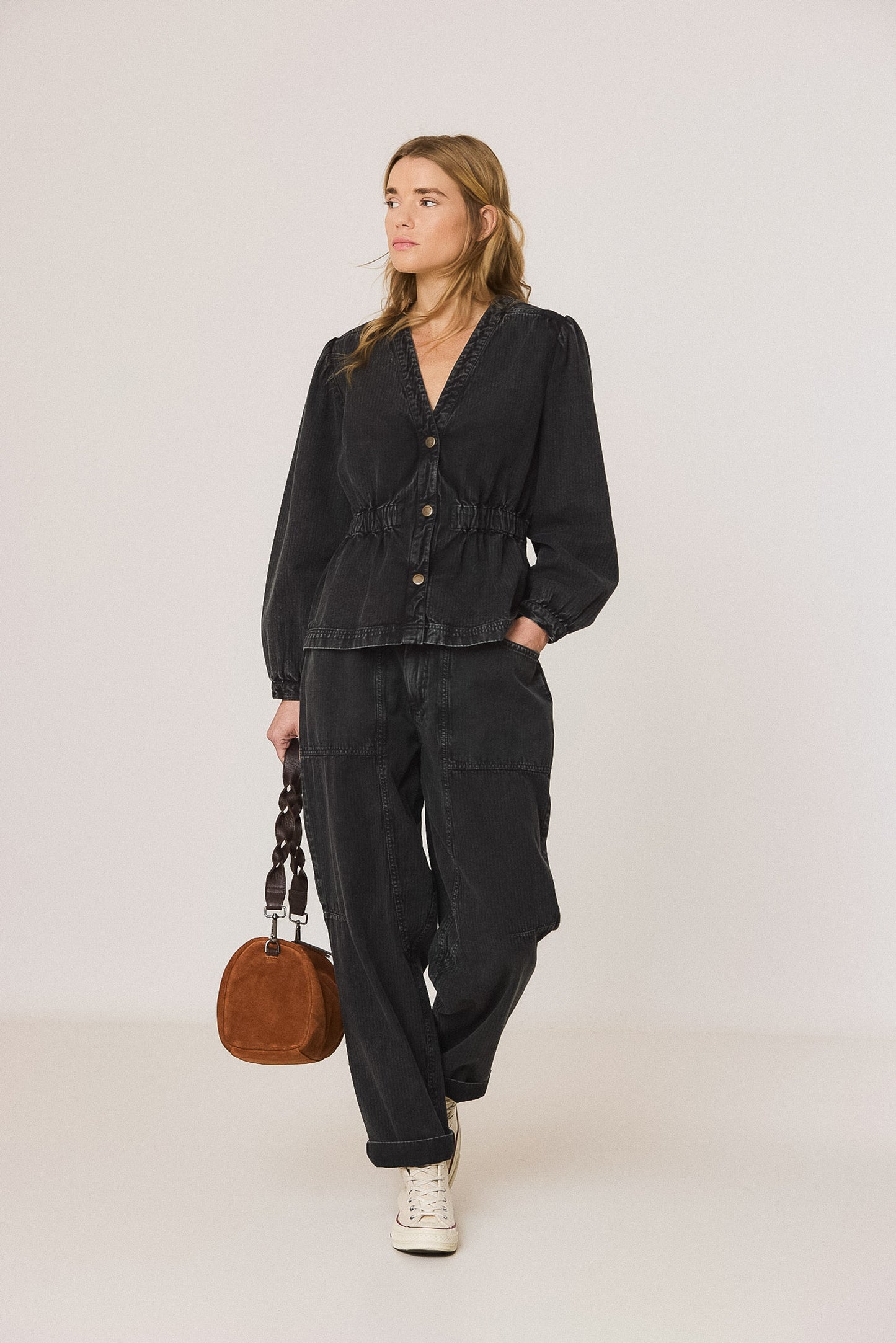 BALLOON-SLEEVE HERRINGBONE SHIRT