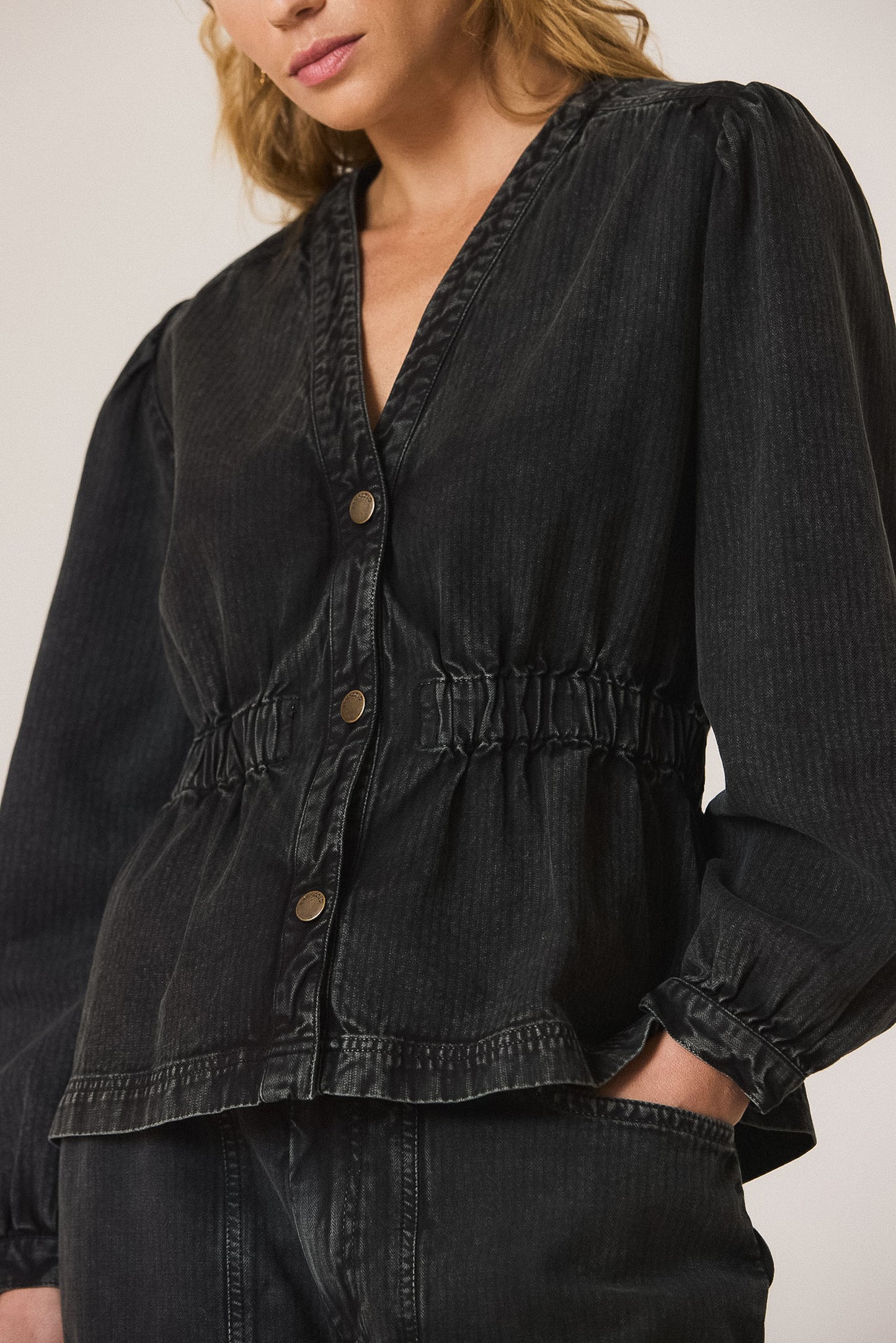 BALLOON-SLEEVE HERRINGBONE SHIRT