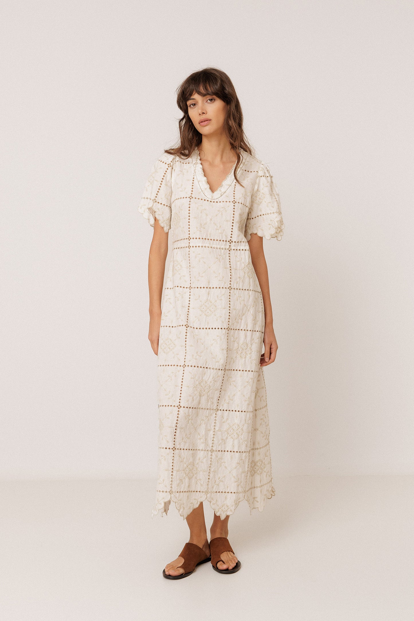 PERFORATED-EMBROIDERY MIDI DRESS