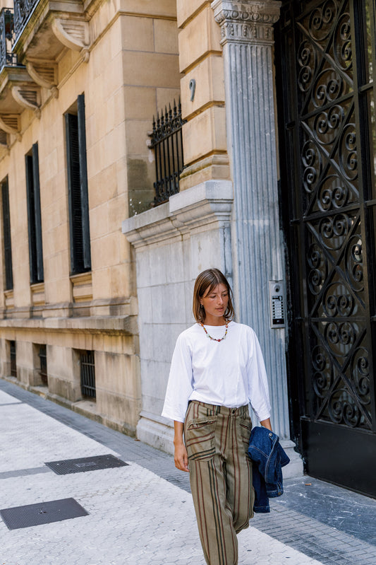 DENIM JACKET + T-SHIRT + STRIPED TROUSERS 4