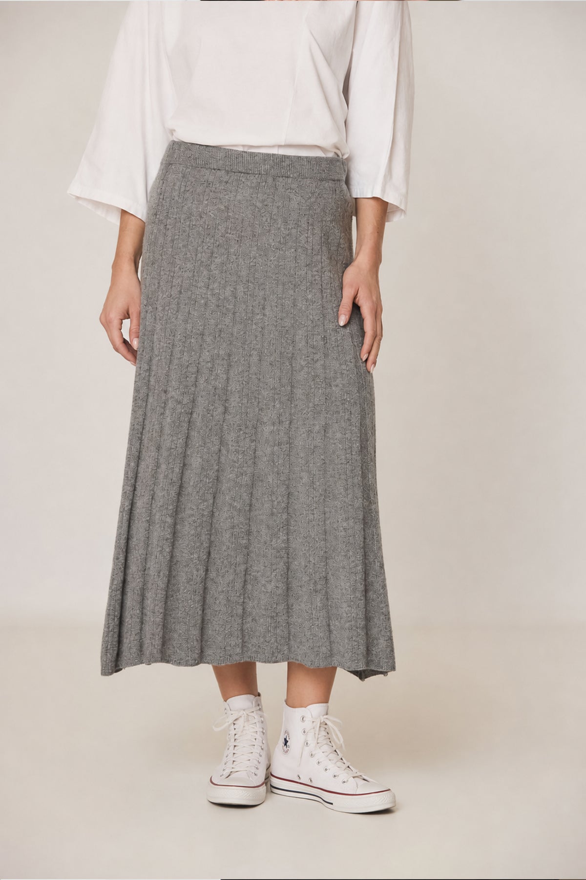 CASHMERE-BLEND CARDIGAN + RIBBED MIDI SKIRT