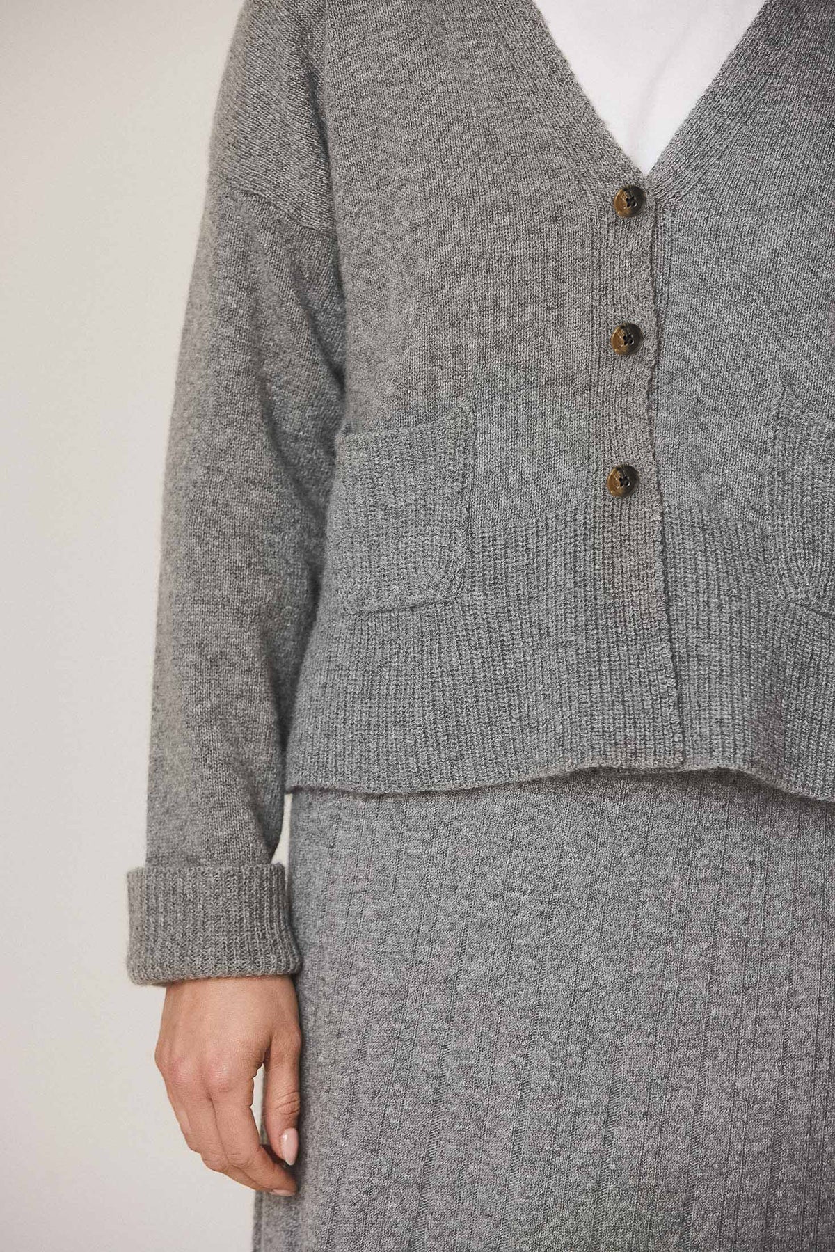 CASHMERE-BLEND CARDIGAN + RIBBED MIDI SKIRT