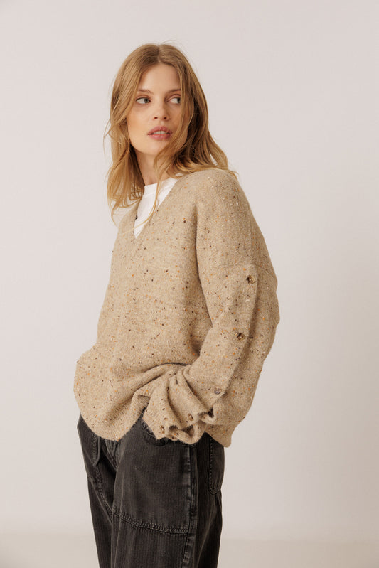 BUTTONED-SLEEVE NEPS SWEATER 1