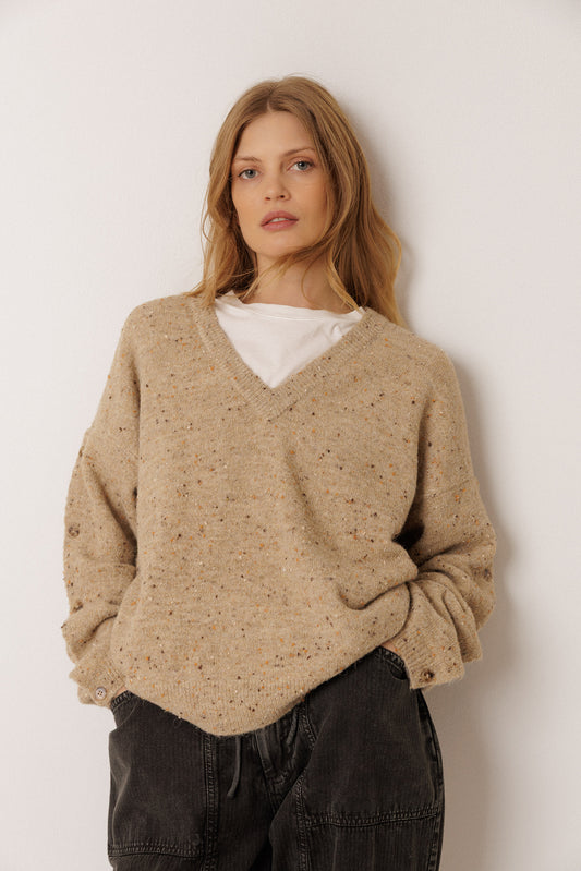 BUTTONED-SLEEVE NEPS SWEATER 4