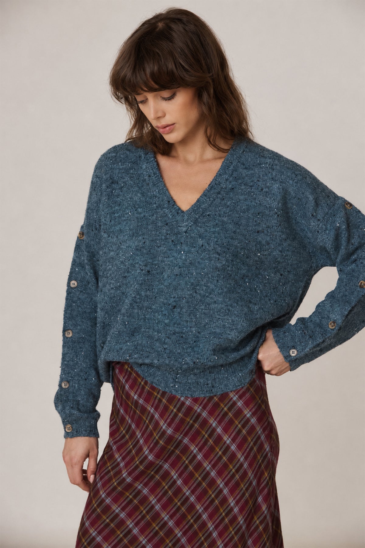 BUTTONED-SLEEVE NEPS SWEATER