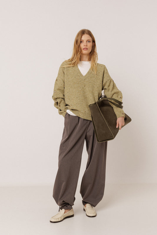 BUTTONED-SLEEVE NEPS SWEATER 1