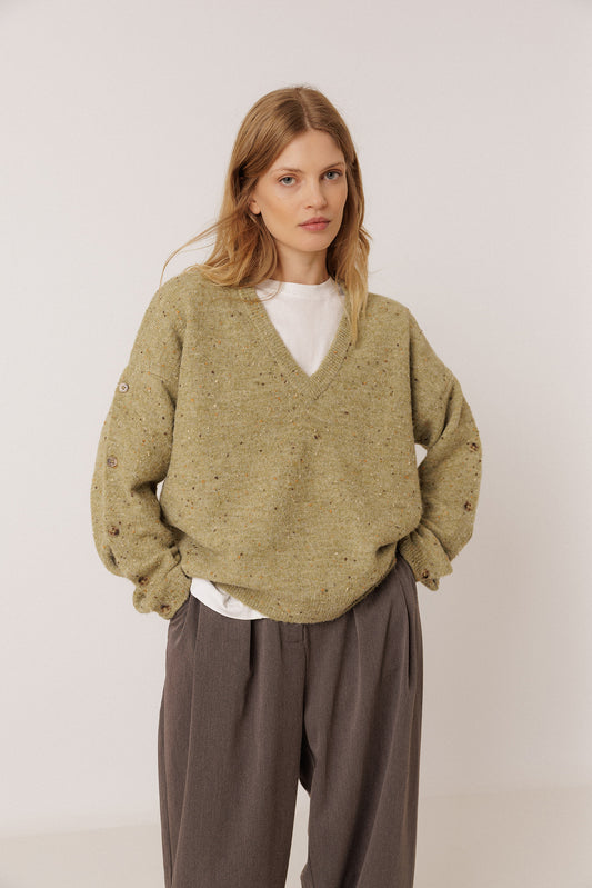 BUTTONED-SLEEVE NEPS SWEATER 2