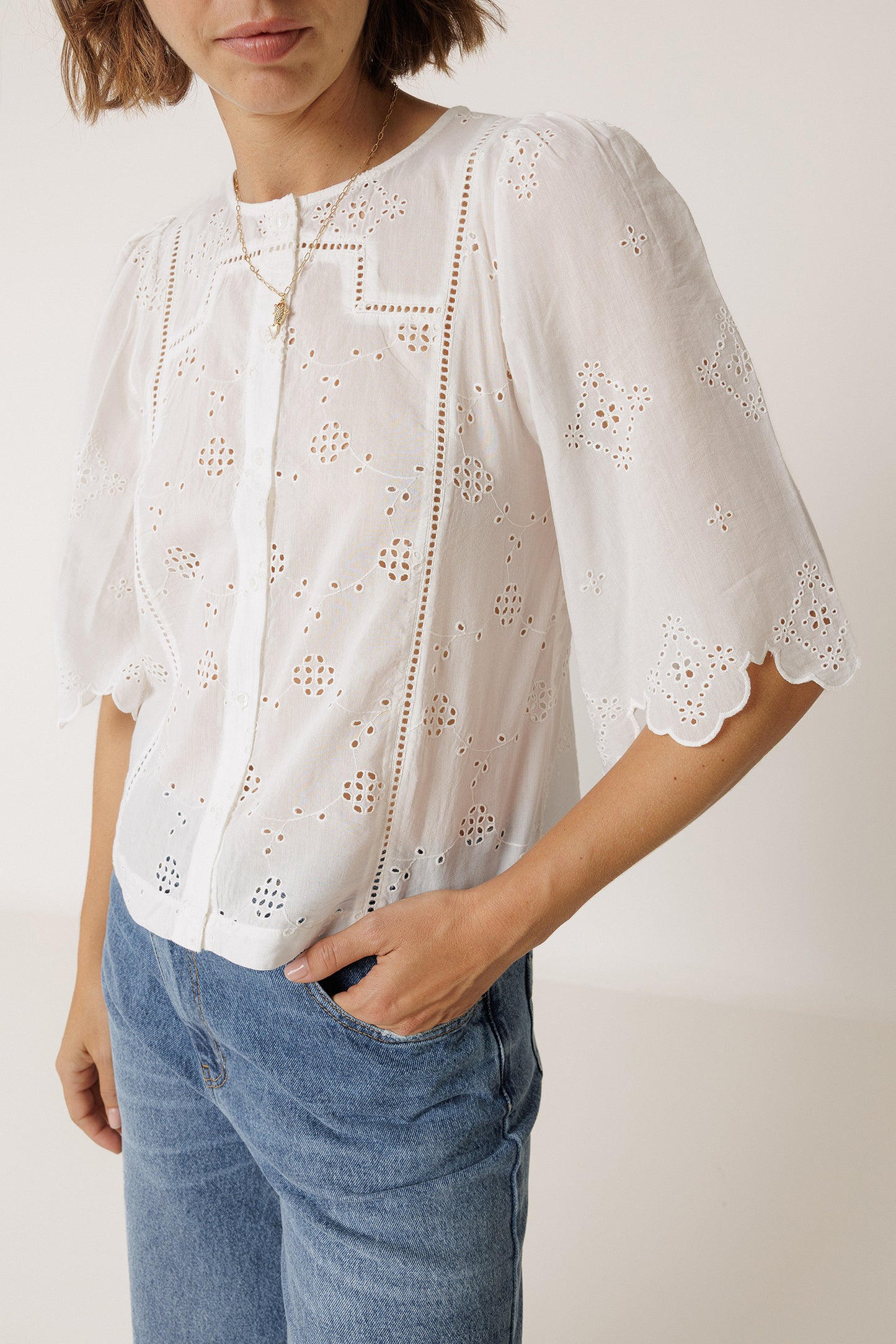 BOXY SHIRT WITH SCHIFFLI EMBROIDERY